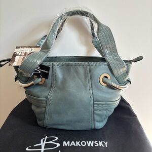 New B. Makowsky Teal Green genuine Leather small Tote satchel bag silver accents